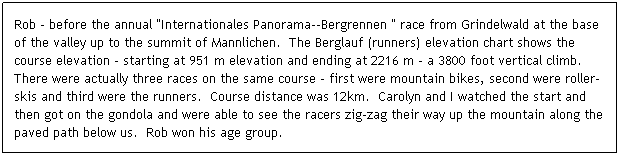 Text Box: Rob - before the annual "Internationales Panorama--Bergrennen " race from Grindelwald at the base of the valley up to the summit of Mannlichen.  The Berglauf (runners) elevation chart shows the course elevation - starting at 951 m elevation and ending at 2216 m - a 3800 foot vertical climb.  There were actually three races on the same course - first were mountain bikes, second were roller-skis and third were the runners.  Course distance was 12km.  Carolyn and I watched the start and then got on the gondola and were able to see the racers zig-zag their way up the mountain along the paved path below us.  Rob won his age group.
